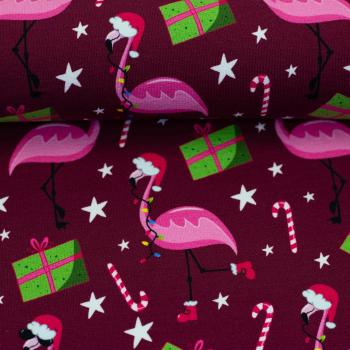 Preview: French Terry Holly Weihnachtsflamingos auf Burgundy by Swafing